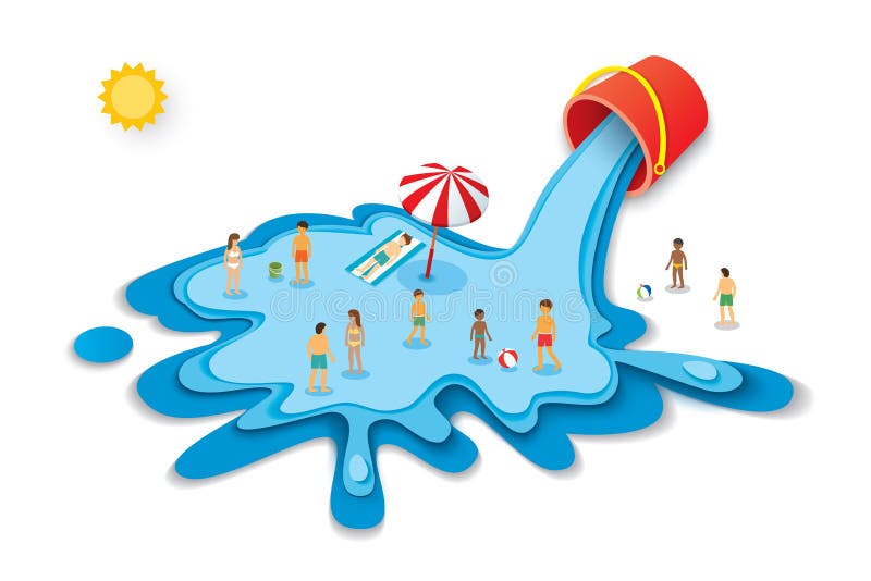 Bucket and water for summer. Vacation concept with people on blu royalty free illustration Bucket and water for summer. Vacation concept with people on blu royalty free illustration