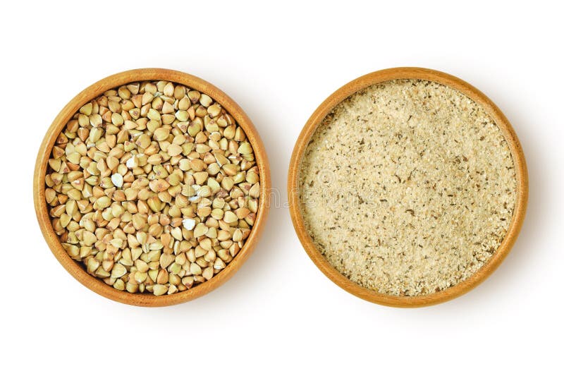 Buckwheat Kernels and Flour in Wooden Bowl on White Background Stock
