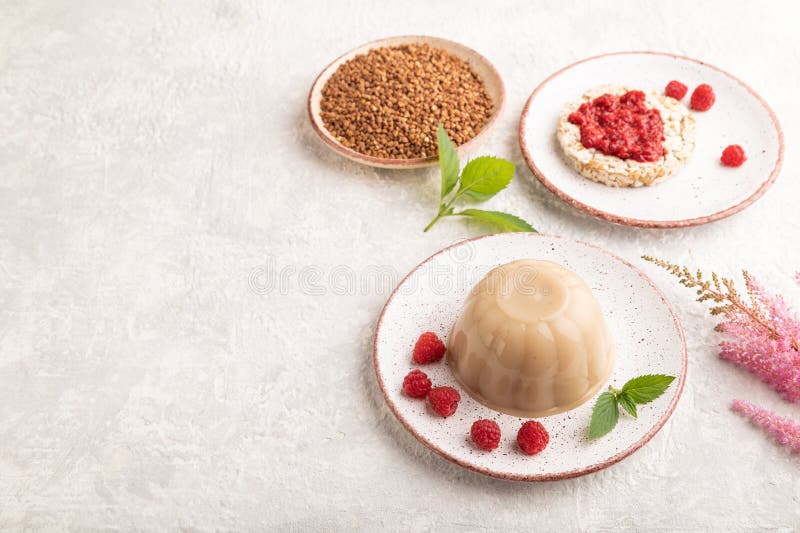 Buckwheat Milk Jelly on Gray Concrete, Side View, Copy Space Stock Photo Image of colorful