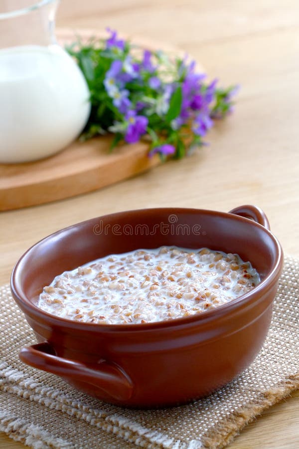 Buckwheat Porridge with Milk Stock Image Image of board, wood 25743869