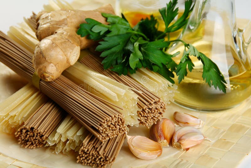 Buckwheat and Rice Noodles, Ginger and Spices. Stock Image Image of