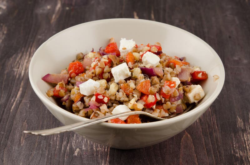 Buckwheat salad with roasted peppers and feta