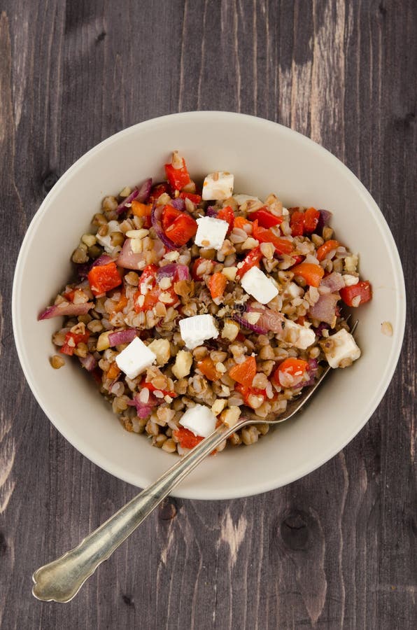 Buckwheat salad with roasted peppers and feta