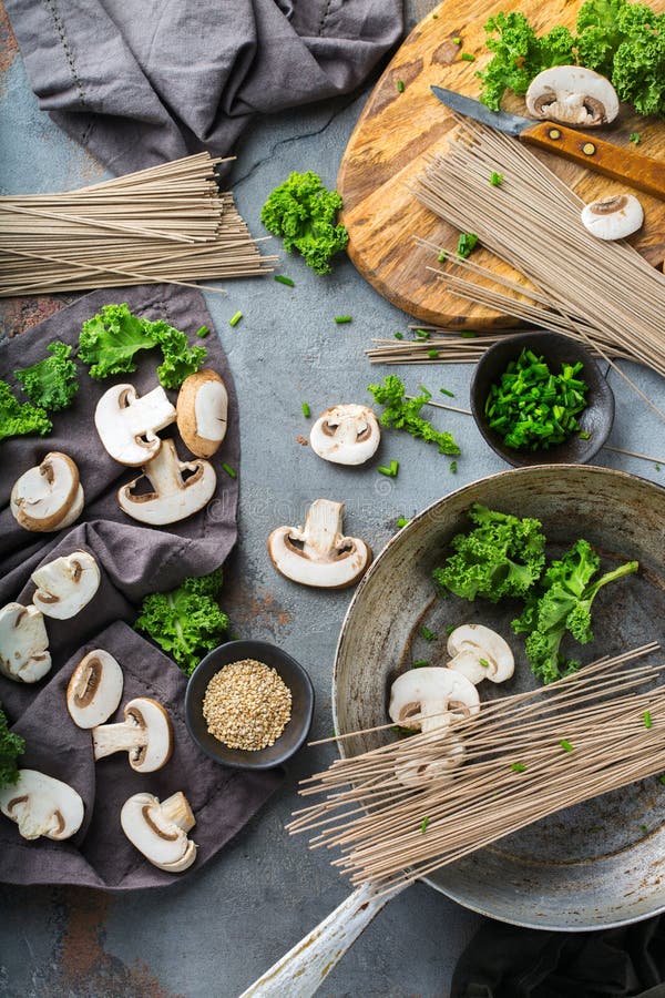 Buckwheat soba noodles soup ingredients for asian chinese japanese korean vietnamese food. Top view flat lay kitchen cooking stock images Buckwheat soba noodles soup ingredients for asian chinese japanese korean vietnamese food. Top view flat lay kitchen cooking stock images