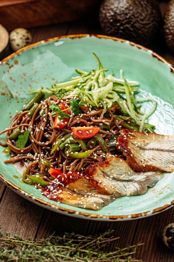 Buckwheat Soba Noodles with Unagi Eel Wok Stock Photo Image of