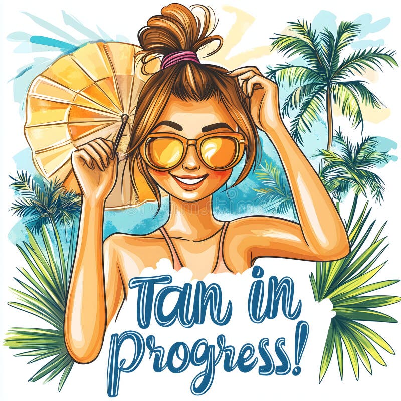Bucurându-se de o zi însorită pe plajă îmbrățișând bronzul perfect sub palmieri și o umbrelă strălucitoare Generativă AI royalty free illustration