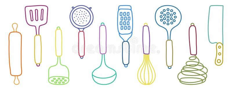 Bucătărie kolling. Set de schițe colorate. Ustensile vectoriale și tacâmuri vector illustration
