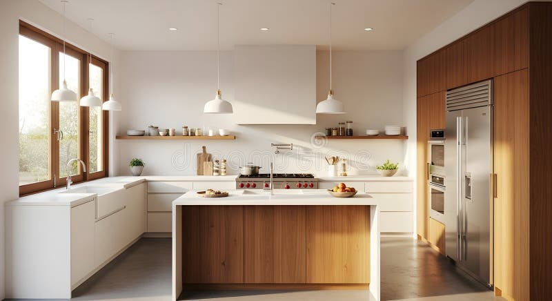 Bucătărie luminoasă minimală cu accente de lemn și aparate moderne elegante stock illustration