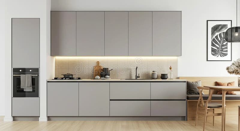 Bucătărie modernă și elegantă, cu design minimalist, cu iluminare subtilă și decor elegant stock illustration