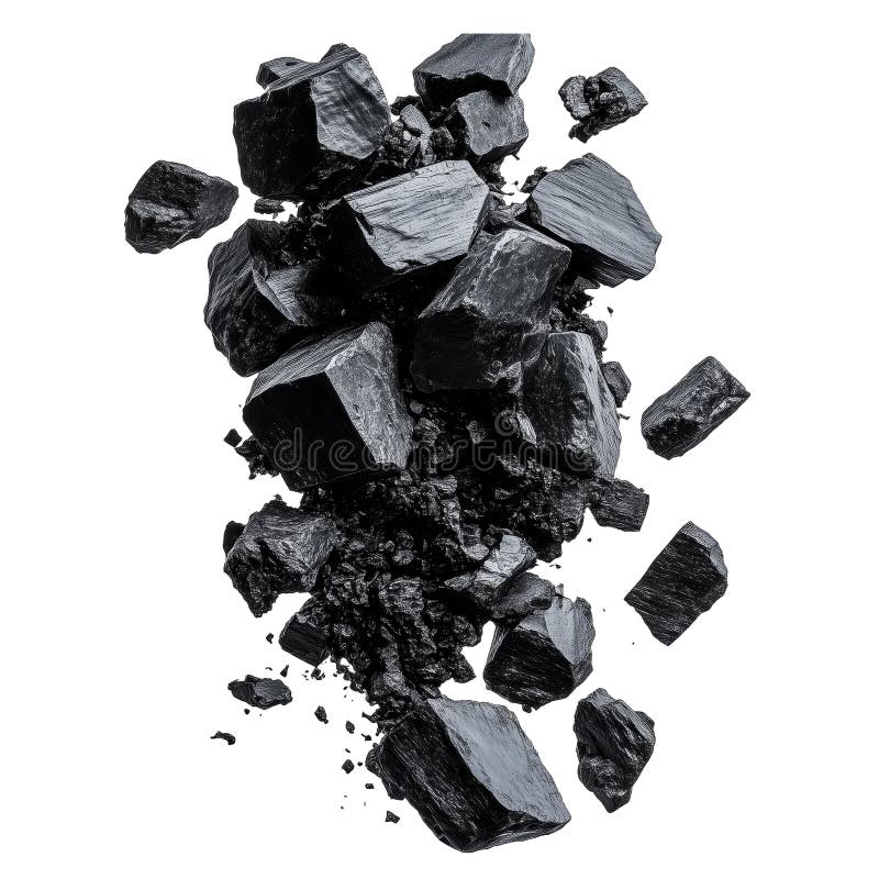 Bucăți de cărbune negru izolate pe un fond transparent. Bucăți de cărbune sparte în diferite dimensiuni, cu margini ascuțite și stock photography