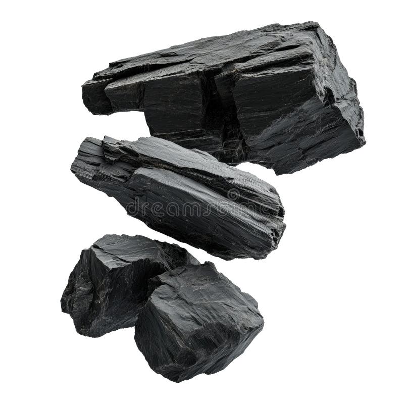 Bucăți de cărbune negru izolate pe un fond transparent. Bucăți de cărbune sparte în diferite dimensiuni, cu margini ascuțite și stock photography