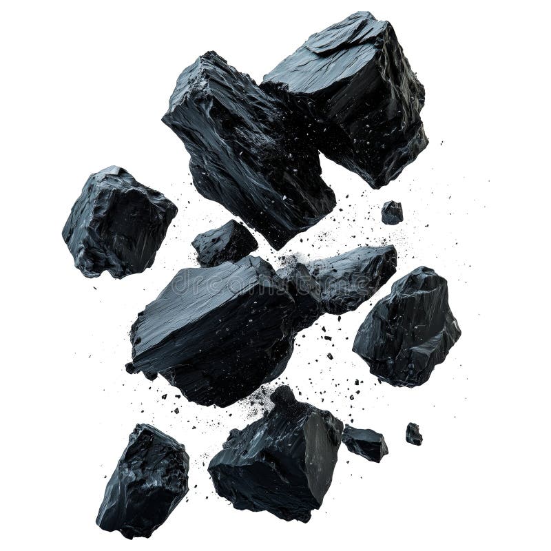 Bucăți de cărbune negru izolate pe un fond transparent. Bucăți de cărbune sparte în diferite dimensiuni, cu margini ascuțite și royalty free stock photo