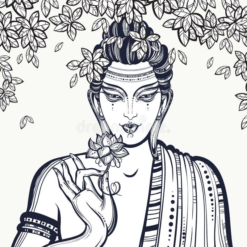 Buda gráfico hermoso hace frente sobre el árbol de Bodhi Composición de alta calidad a mano del vector Motivos espirituales y rel ilustración del vector Buda gráfico hermoso hace frente sobre el árbol de Bodhi Composición de alta calidad a mano del vector Motivos espirituales y rel ilustración del vector
