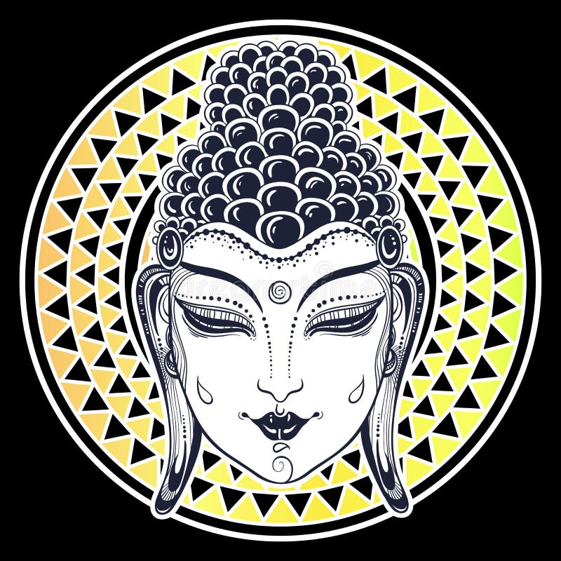 Buda hermoso hace frente sobre el ornamento geométrico tribal Ilustraciones étnicas decorativas del vector aisladas La India, tai