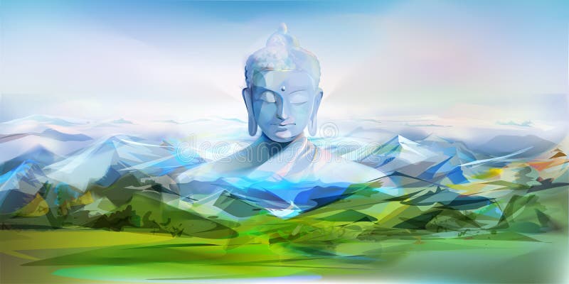 Buda y montañas, paisaje del vector stock de ilustración Buda y montañas, paisaje del vector stock de ilustración