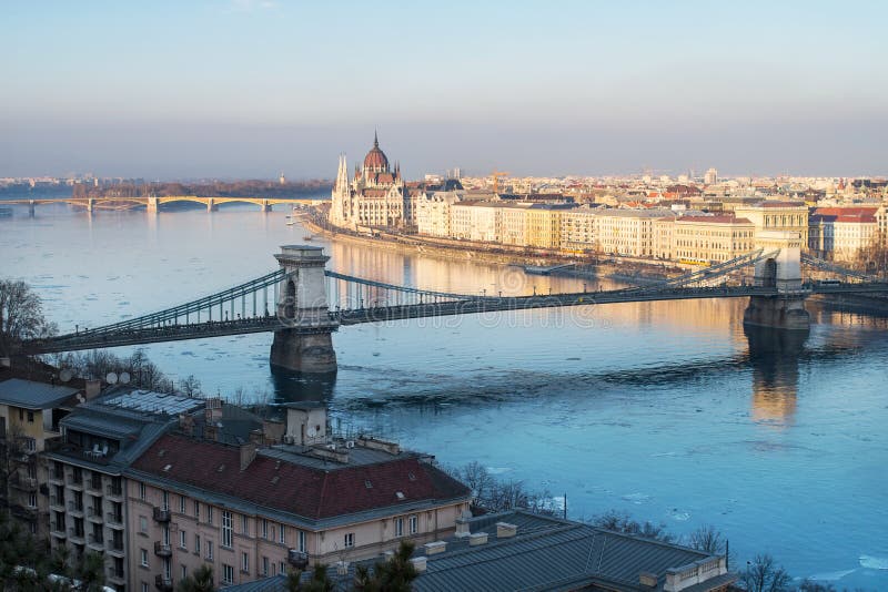 Budapest with Parliament, Chain Bridge and Margaret Island in winter. Budapest with Parliament, Chain Bridge and Margaret Island in winter