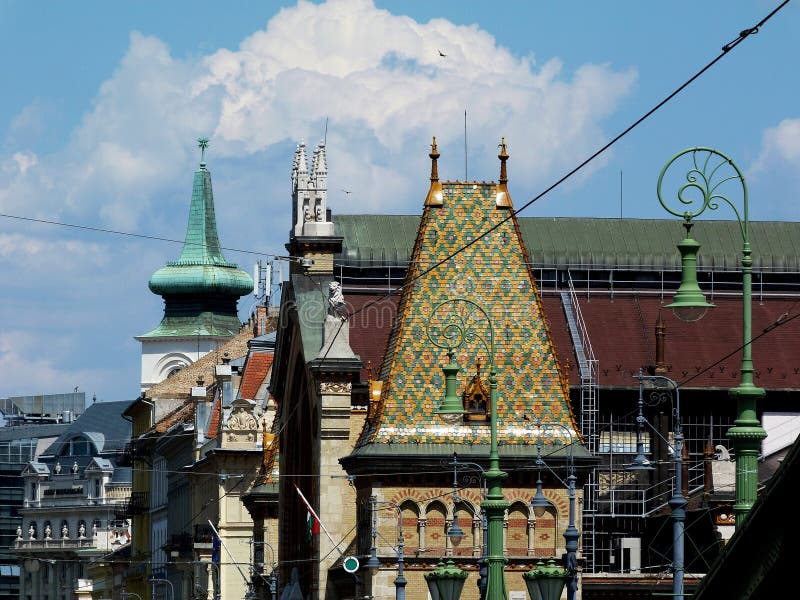 Budapest Great Market Hall`s colorful roof and roof top details