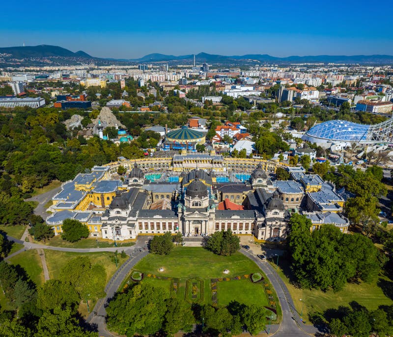 Budapest, Hungary - Aerial panoramic drone view of the famous Szechenyi Thermal Bath in City Park Varosliget with Budapest Zoo