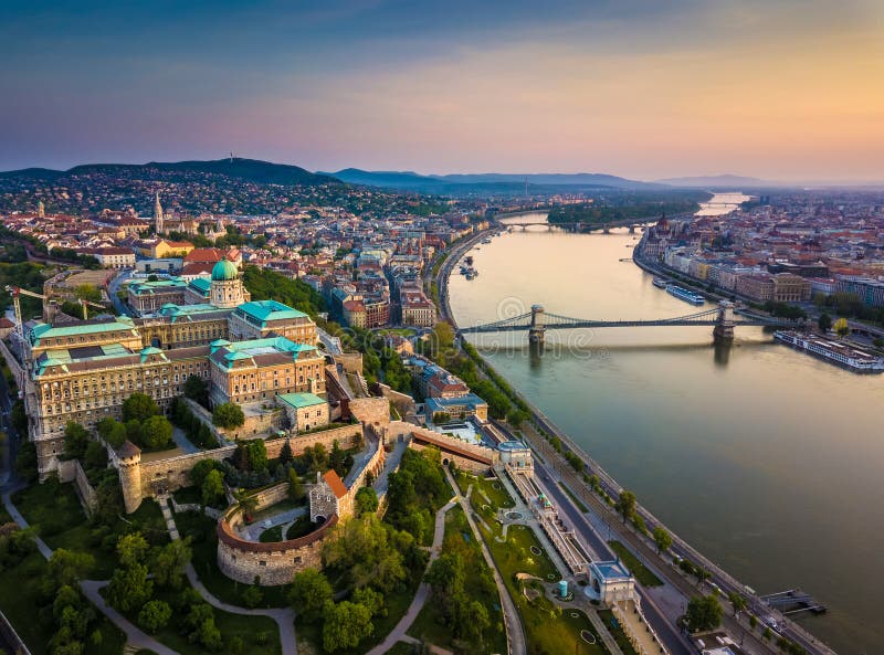 Budapest, Hungary - Aerial skyline view of Buda Castle Royal Palace and South Rondella with Castle District