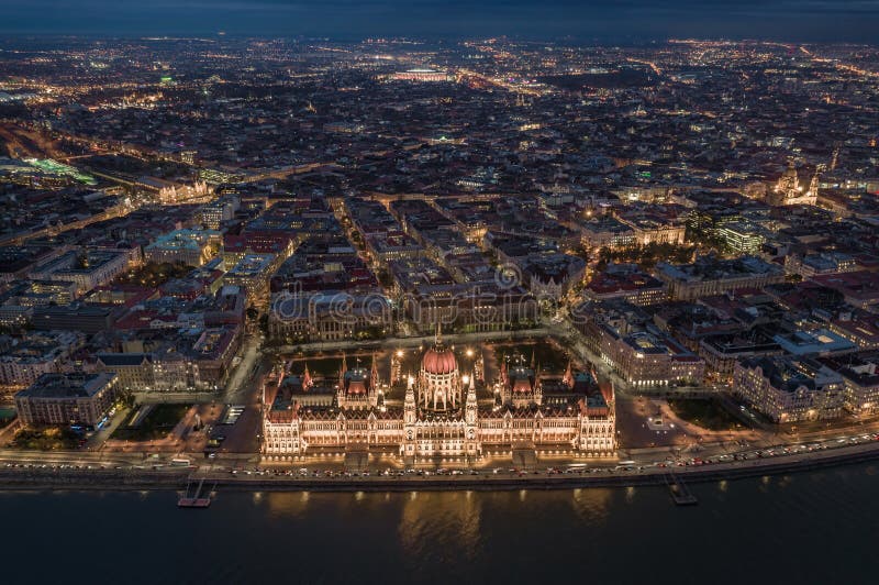 Budapest, Hungary - Aerial skyline view of Budapest by night. This view includes the illuminated Hungarian Parliament building