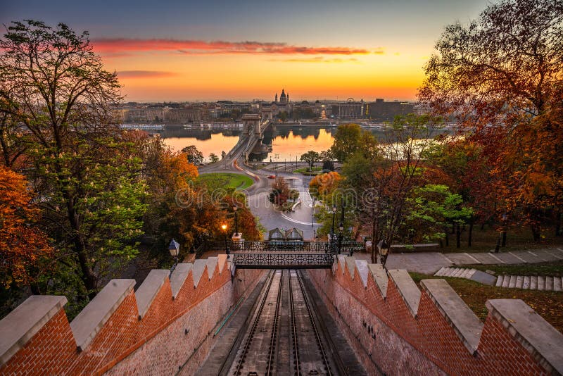 Budapest, Hungary - Autumn in Budapest. The Castle Hill Funicular BudavÃ¡ri Siklo with the Szechenyi Chain Bridge