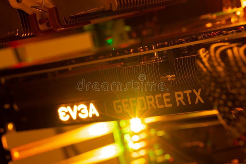 BUDAPEST, HUNGARY - CIRCA 2021: EVGA gForce RTX 3080 graphics card, which features Ampere architecture and raytracing technology stock photos