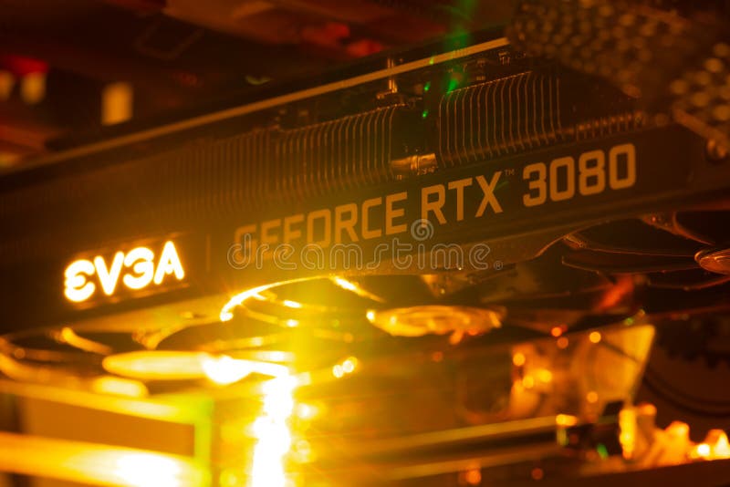 BUDAPEST, HUNGARY - CIRCA 2021: EVGA gForce RTX 3080 graphics card, which features Ampere architecture and raytracing technology stock photo