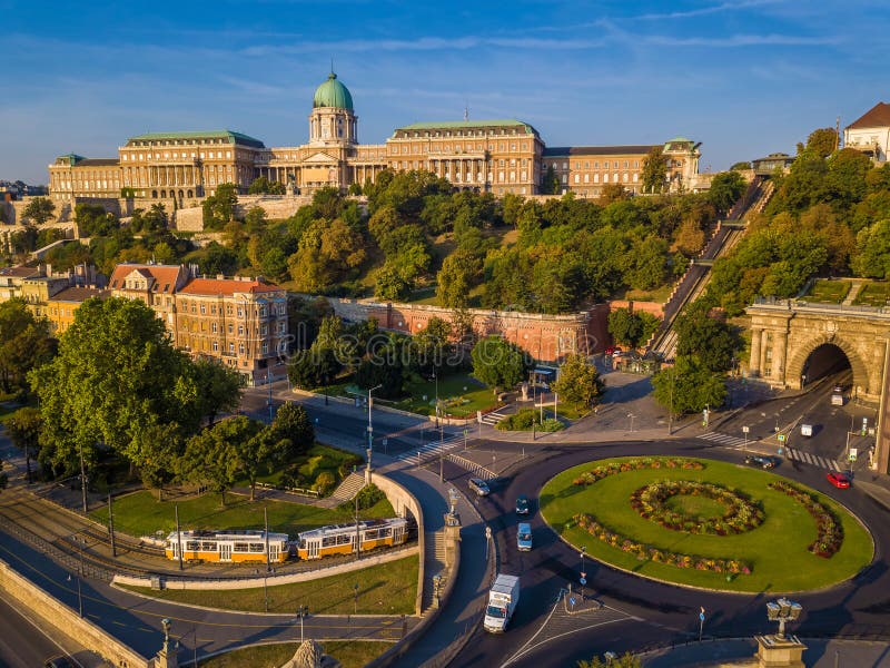 Budapest, Hungary - Clark Adam square roundabout from above at sunrise with Buda Castle Royal Palace