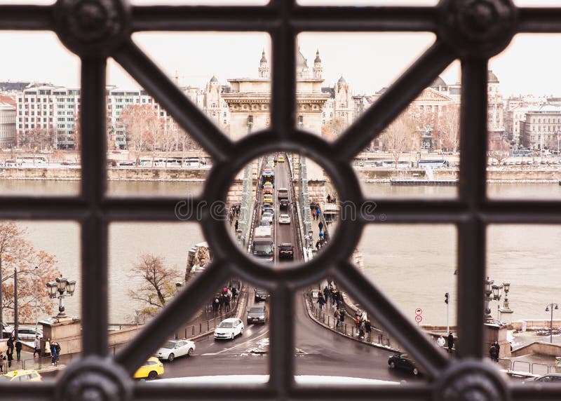 BUDAPEST, HUNGARY - 16 DECEMBER, 2018: Top view to Chain Bridge in winter with snow in Budapest, Hungary royalty free stock images BUDAPEST, HUNGARY - 16 DECEMBER, 2018: Top view to Chain Bridge in winter with snow in Budapest, Hungary royalty free stock images