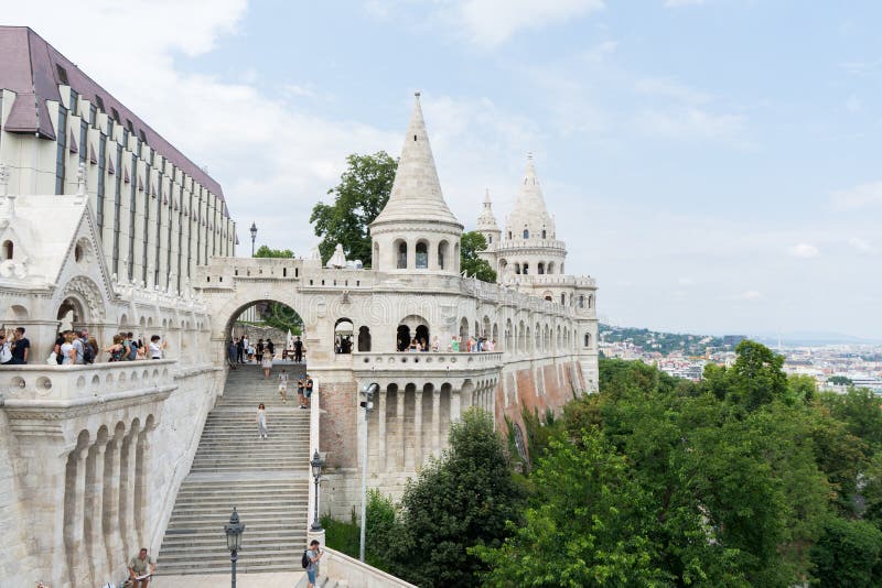 Budapest / Hungary - July 28 2019: Stairs and statues of the historic Fisherman s Bastion in Budapest city, Hungary. Group of