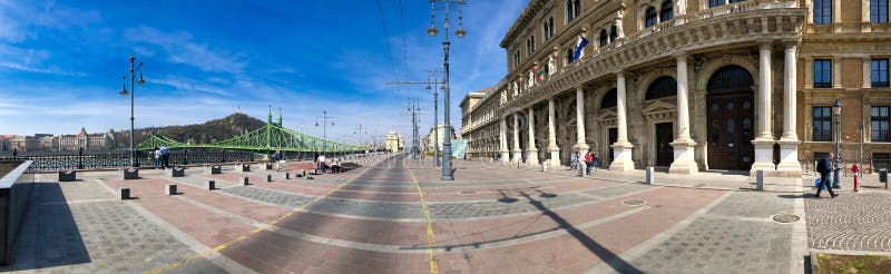BUDAPEST, HUNGARY - MARCH 30, 2019: Corvinus University along Danube River on a sunny day