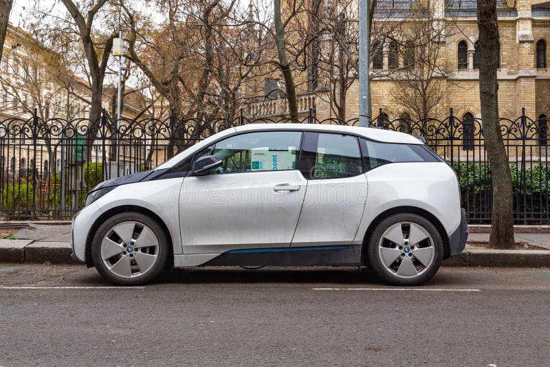 BUDAPEST, HUNGARY - MARTH 15, 2023: This is a BMW i3 parked on one of the city streets. BUDAPEST, HUNGARY - MARTH 15, 2023: This is a BMW i3 parked on one of the city streets