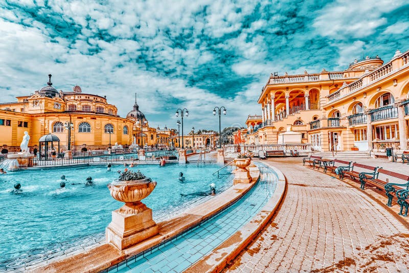 BUDAPEST, HUNGARY - MAY 05,2016: Courtyard of Szechenyi Baths, Hungarian thermal bath complex and spa treatments stock photo BUDAPEST, HUNGARY - MAY 05,2016: Courtyard of Szechenyi Baths, Hungarian thermal bath complex and spa treatments stock photo