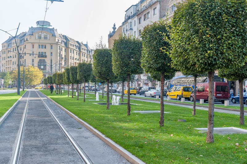 BUDAPEST, HUNGARY - OCTOBER 26, 2015: Tram line in Budapest. People with dog in background. Green area as well in background