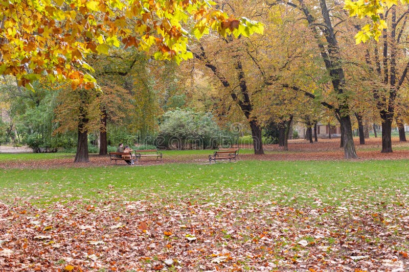 BUDAPEST, HUNGRIA - 26 DE OUTUBRO DE 2015: Parque no quadrado dos heróis, Budapest Hungria O par está sentando-se no banco foto de stock BUDAPEST, HUNGRIA - 26 DE OUTUBRO DE 2015: Parque no quadrado dos heróis, Budapest Hungria O par está sentando-se no banco foto de stock