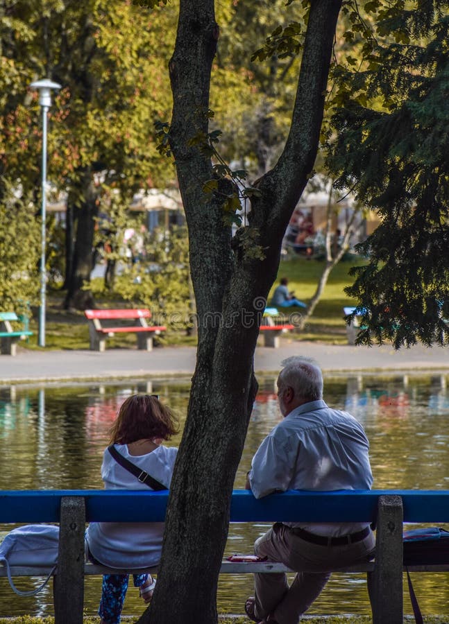 Budapest, Hungría, septiembre, 13, 2019 - pares mayores que disfrutan del día delante de un lago en el parque del varolisget fotos de archivo libres de regalías Budapest, Hungría, septiembre, 13, 2019 - pares mayores que disfrutan del día delante de un lago en el parque del varolisget fotos de archivo libres de regalías