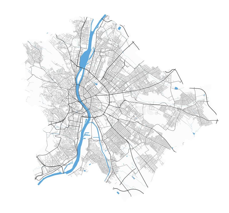 Budapest map. Detailed map of Budapest city poster with streets, water