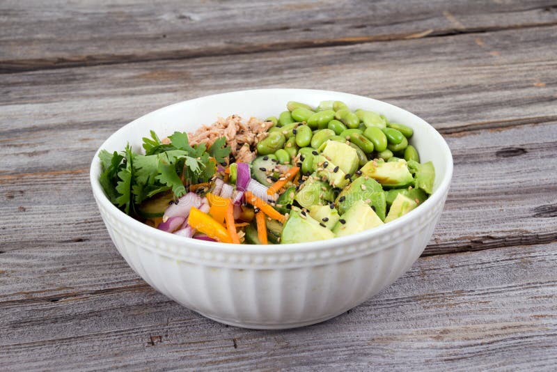 Buddha Bowl of Mixed Vegetable with Avocado and Tuna Stock Photo