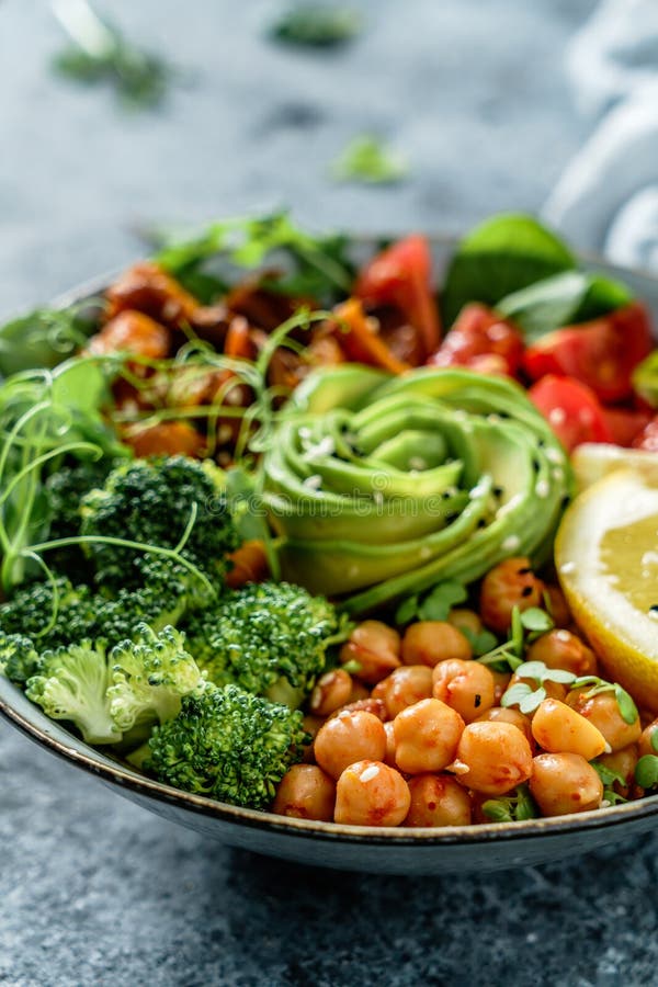 Buddha Bowl Salad with Baked Sweet Potatoes, Chickpeas, Broccoli ...