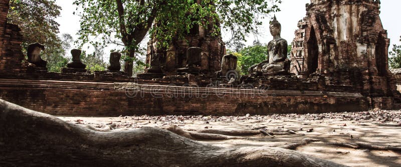 Buddha decay , THAILAND Ruins and Antiques at the Ayutthaya Historical Park , banner