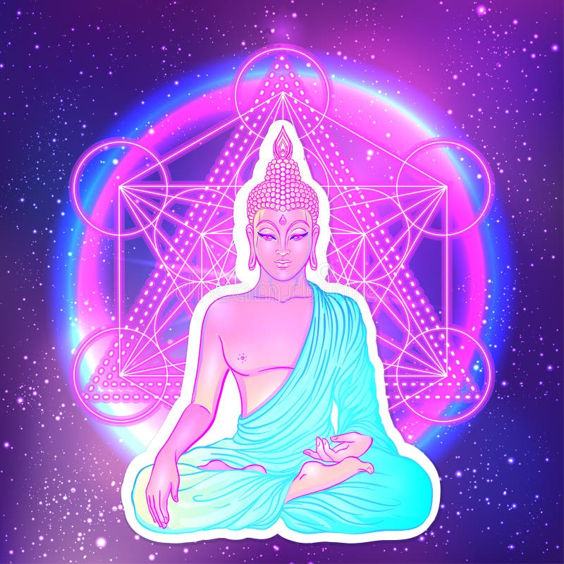 Buddha di seduta sopra il fondo sacro della geometria Illustrat di vettore