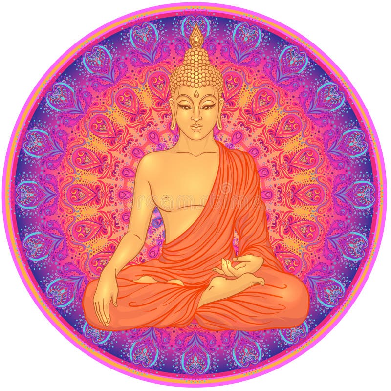 Buddha di seduta sopra il modello rotondo della mandala decorata Vecto esoterico