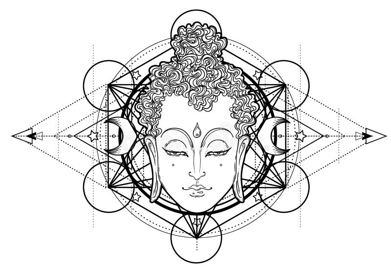 Buddha face over ornate mandala round pattern. Esoteric vintage vector illustration. Indian, Buddhism, spiritual art