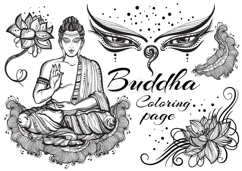 Buddha grafico d'annata ha messo con gli elementi sacri buddisti Concetto religioso Arte di vettore di alta qualità isolata