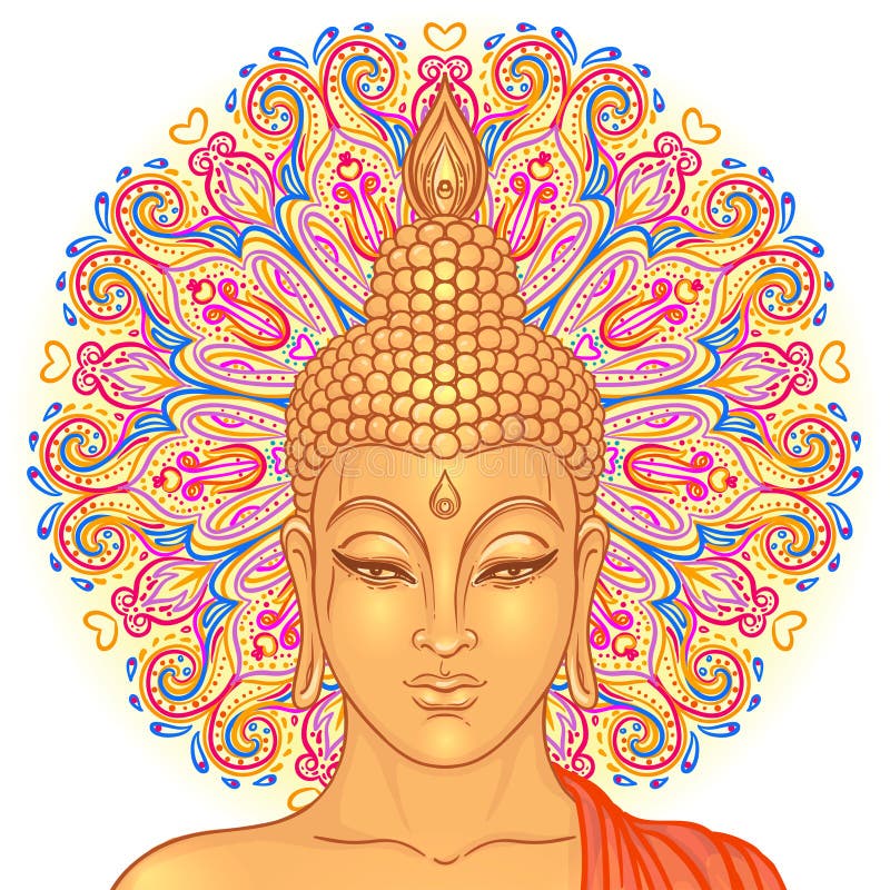 Buddha head over ornate mandala round pattern. Vector illustration. Vintage decorative composition. Indian, Buddhism, Spiritual m