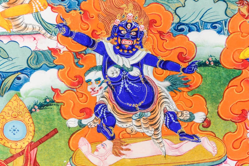 Buddha Mahakala Tibetan thangka painting closeup, medicine Buddha