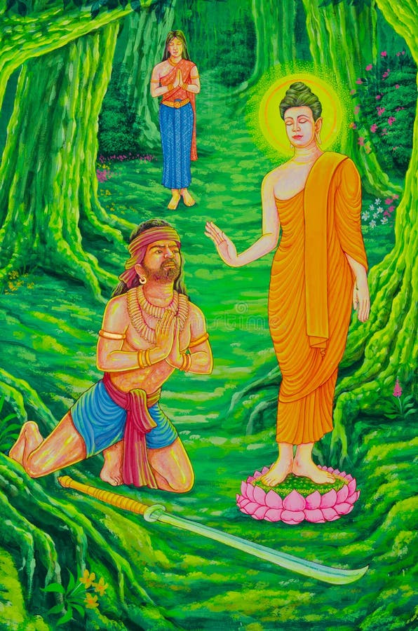 Buddha och Angulimala rånare i teckning