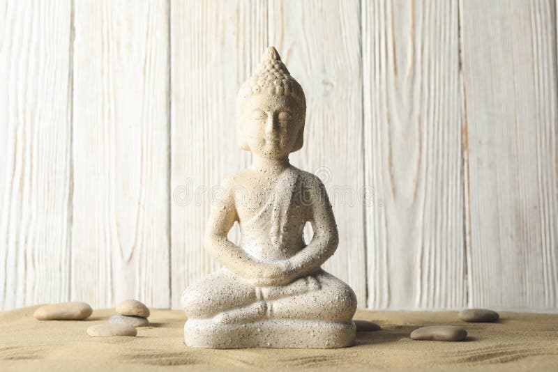 Composition Buddha and Candles on Wooden Table. Zen Concept Stock Image