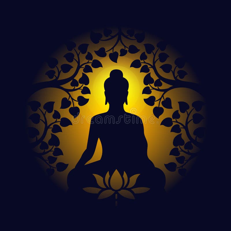 Buddha sit under bodhi tree and lotus sign on circle yellow light and dark background vector design stock illustration