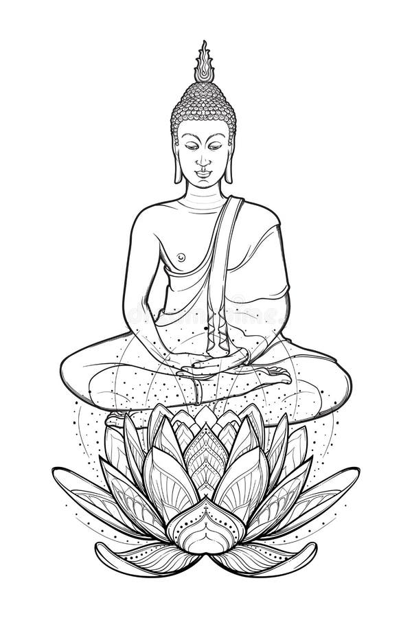 Buddha Sitting on a Lotus Flower and Meditating in the Single Lotus  Position. Intricate Hand Drawing Isolated on White Stock Vector -  Illustration of east, culture: 115569403